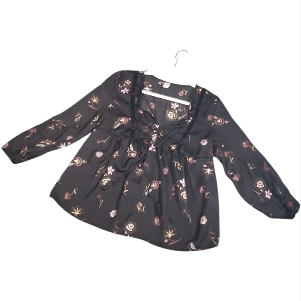 Old Navy Dark Floral Babydoll Boho Tassels Velvet Piping Drape Gathered Slvs XS♡